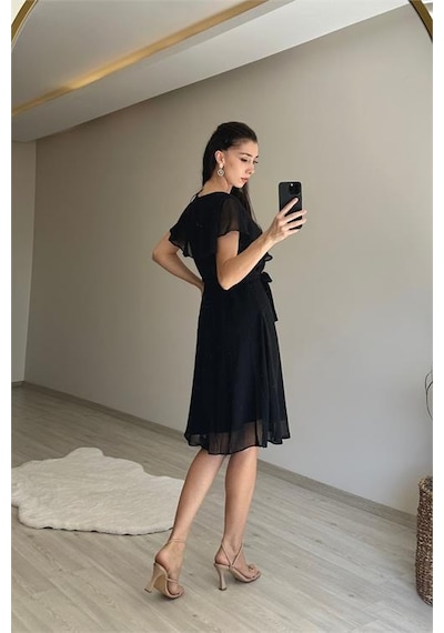 Neşeli Butik Kadın V Yaka Kuşaklı Mini Şifon Elbise Nm007 Siyah