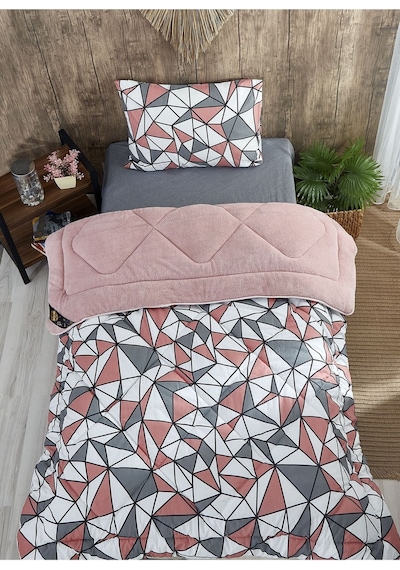 Geometrik Desenli Tek Kişilik Çift Taraflı Wellsoft Yorgan Seti - Pembe - 155x215