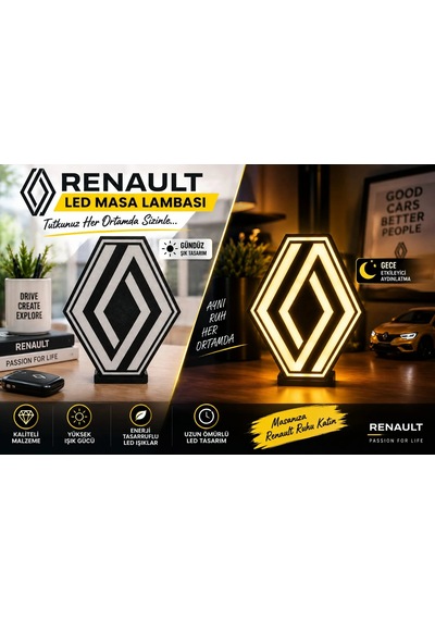 Renault Masa Lambası , Renault Logolu Led Işıklı Masa Lambası , Renault Gündüz Gece Masa Lambası Siyah