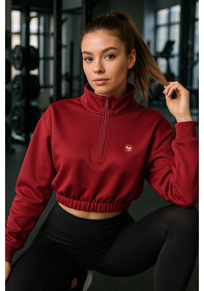 Kadın Fermuar Yaka Detaylı Crop Lastikli Rahat Kalıp Sweatshirt Kırmızı