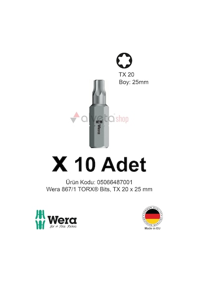 Alveta Wera 867/1 Torx Tx20 X 25mm Tornavida Ucu 10 Adet Torx Vidalama Bits Seti Profesyonel Seri