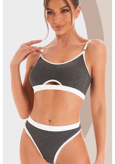 Ang Butik Kadın Gri Antrasit Kaşkorse Ve Beyaz Lastikli Cut-out Tanga Külotlu Takım Antrasit Gri