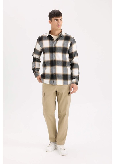 DeFacto Regular Fit Polo Yaka Kareli Flanel Uzun Kollu Gömlek D5835AX24AUBN279