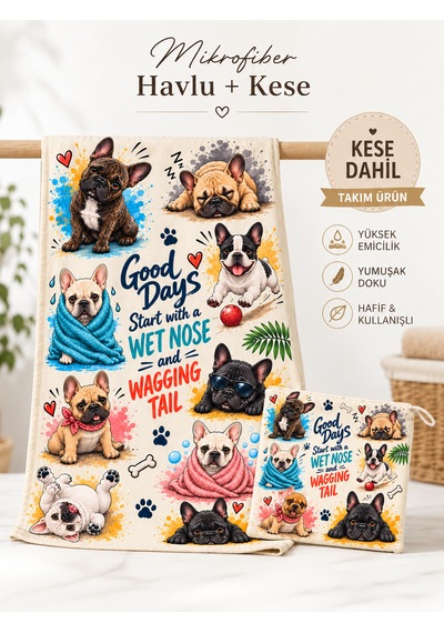 Kedi & Köpek Kurulama Havluları French Bulldog Desenli Hızlı Kuruyan 50x100cm