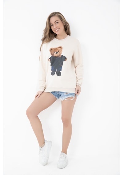 Kadın Bej Renk Ayıcık Baskılı Kapşonsuz Sweatshirt Bej