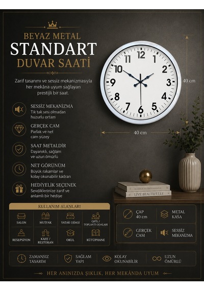 40 Cm Beyaz Metal Standart Duvar Saati Standart Metal Beyaz Kadran