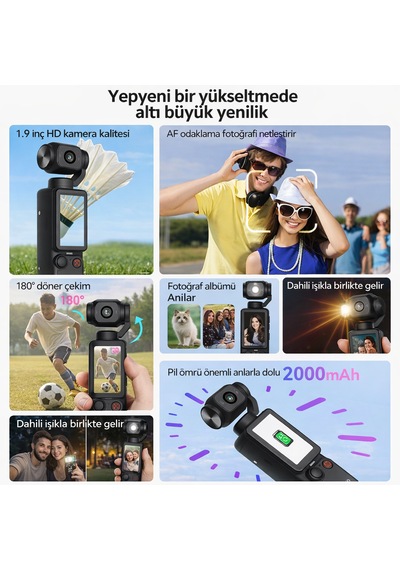 Taşınabilir 4k Vlog Kamerası 180 Dönebilen Lens 1.9" Ips Ekran 2000mah Batarya 128gb Hafıza Kartı Destekli