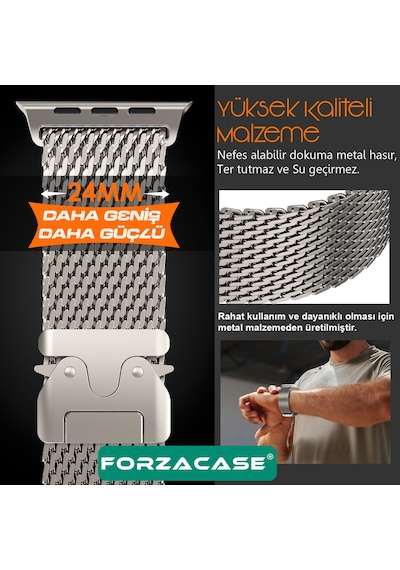 Forzacase Apple Uyumlu  Watch 7 45mm İle Mekanizmalı Metal Hasır Kordon Kayış - Fc864 Siyah