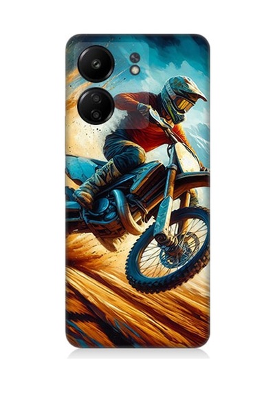 Xiaomi Redmi 13c Uyumlu Alevler Arasında Motosiklet Sıçrayışı Desenli Silikon Kılıf Çok Renkli