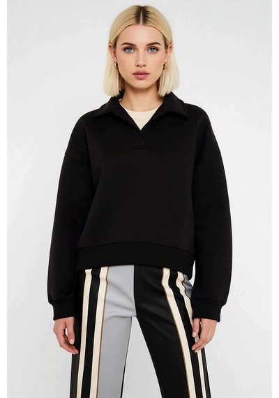 Benerly Kadın Polo Yaka Düşük Kol Regular Kalıp Örme Sweatshirt Fonksiyon siyah