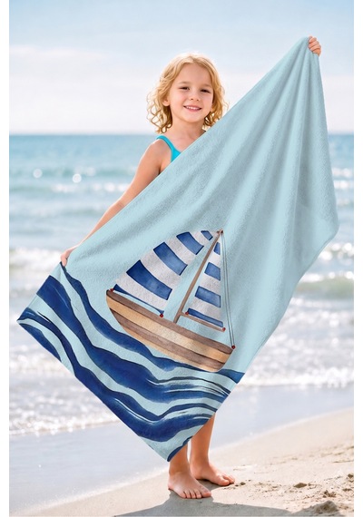 Yelkenli Marine Mavi Plaj Havlusu - Akdeniz Nautical Minimal Açık Hızlı Kuruyan Mikrofiber Havlu Mat Şakayık