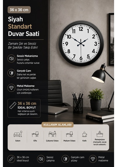 Almira Duvar Saati 36 Cm Siyah Metal Standart Duvar Saati