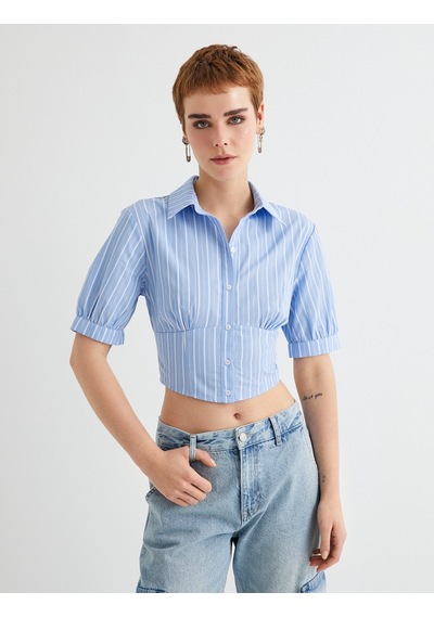 Koton Crop Balon Kol Gömlek Slim Fit Pamuklu Mavi Çizgili 4sal60038ıw 4SAL60038IW6S2 Mavi