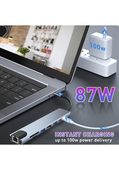 Hub, 8'i 1 Arada Adaptör, 4k Hdmı, Type C 100w Pd, Usb C Bağlantı Noktası, Usb 3.0, Rj45 Ethernet, Sd/tf Kartları, Yerleştirme İstasyonu, Macbook Pro/air Dizüstü Bilgisayar Ve Diğer Cihazlarla Uyumlu