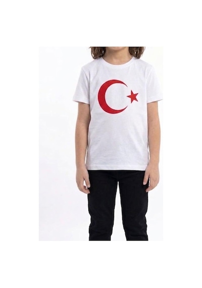 Es Eyüp Selda Kız Çocuk Ay Yıldız Türk Bayraklı Kısa Kollu Tişört Beyaz