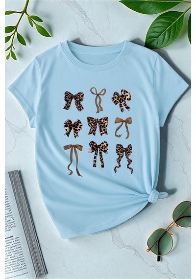 Uyguntarz Unisex Leopar Desenli Kurdeleler Baskılı Tasarım Tshirt Bebe Mavisi