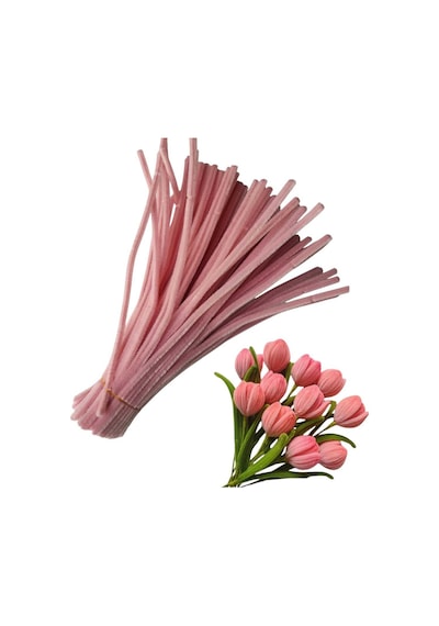 50 Adet Pastel Pembe Şönil, Çiçek Yapımına Uygun Tüylü Tel, 30 Cm 6mm