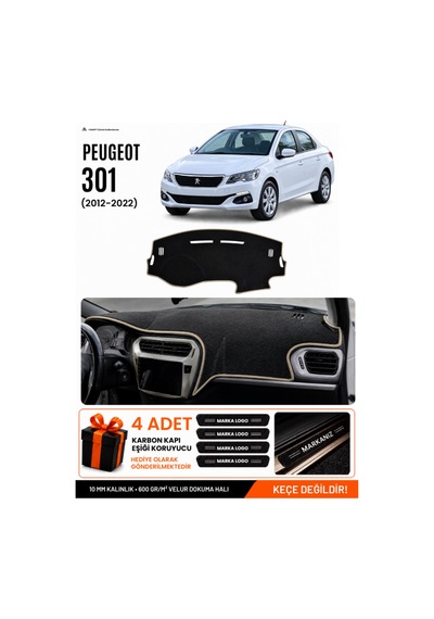 Peugeot 301 2012-2022 Uyumlu Torpido Koruma, Torpido Örtüsü, Torpido Kılıfı - Siyah-bej - Pe007