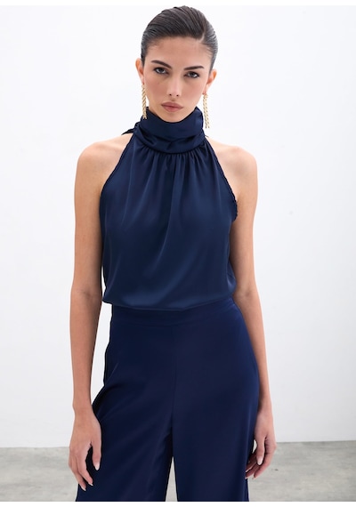 Sateen Desenli Kolsuz Bluz - Lacivert