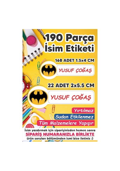 Okul Etiketi Kalem Defter Etiketi Batman Özel Isim Yazılabilen Etiket 190 Adet