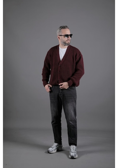 Dokulu Oversize Erkek Kalın Hırka Bordo