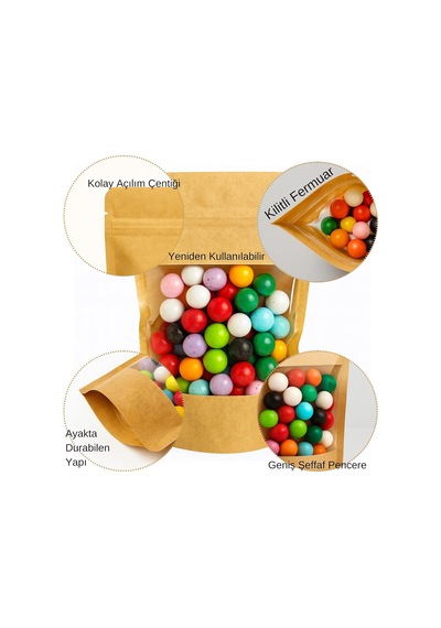 Kraft Geniş Pencereli Doypack, Zip Kilitli, Dik Duran, Gıda Saklama Torbası 100, 13x22,5 Çok Renkli