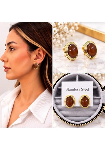 Premium Parlak Ve Şık Gold Renk Kahve Oval Taşlı Kadın Çelik Küpe Altın