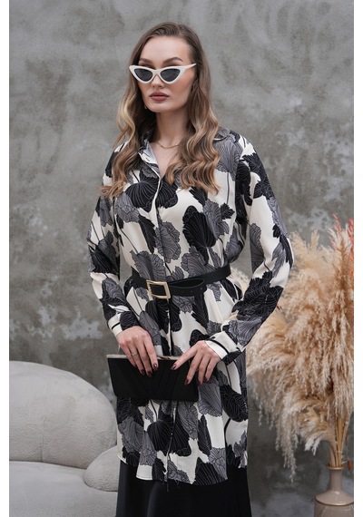 Polologin Butik Siyah Beyaz Yaprak Desenli Gömlek Tunik Siyah & Beyaz
