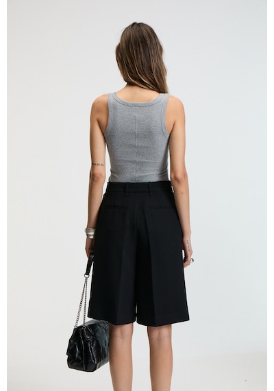 Ethıquet Lıllesol Kadın Fitilli Görünümlü Slim Fit Vücuda Oturan Havuz Yakalı Pamuklu Basic Antrasit