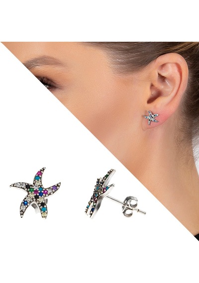 Tesbihane Multicolor Zirkon Taşlı Deniz Yıldızı Tasarım 925 Ayar Gümüş Kadı