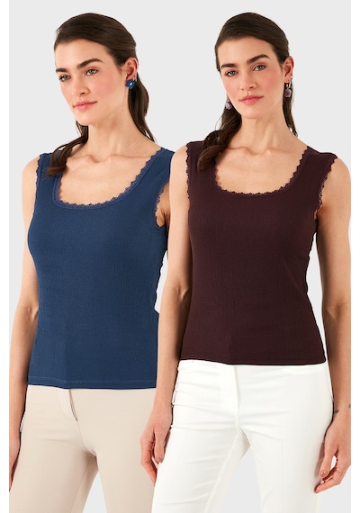 Lela Slim Fit Kalın Dantelli Kare Yaka Bürümcük 2'Li Paket Bayan Atlet 5864979S2 Indigo-Vişne