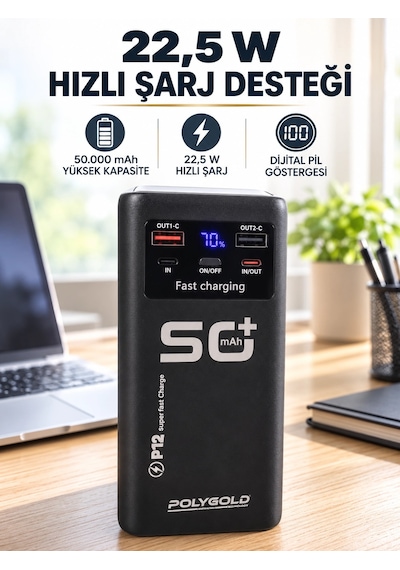 Yüksek Kapasiteli 50.000 Mah Powerbank 22,5 W Hızlı Şarj 4 Dahili Kablo Led Aydınlatma Antrasit Melanj