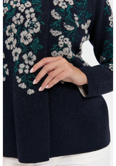Desen Triko Kadın Dik Yaka Pıtırcık Çiçekli Yün Ceket 24019 Koyu Lacivert Koyu Lacivert