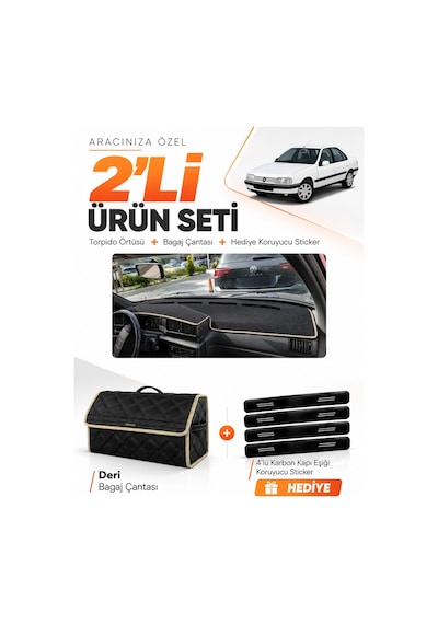 Peugeot 405 1987-1992 Uyumlu Torpido Örtüsü + Deri Bagaj Çantası + Sticker Seti - Siyah Bej