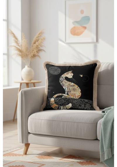 Barok Patchwork Kedi Saçaklı Yastık Kılıfı - Siyah Zarif Bohem Altın Renkli Püsküllü Kırlent Kılıfı Yosunlu Koyu Bej Barok Patchwork Kedi Saçaklı Yastık Kılıfı - Siyah Zarif Bohem Altın Renkli Püsküllü Kırlent Kılıfı Yosunlu Koyu Bej