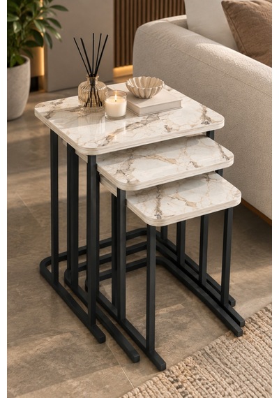 Sulorahome Ekru Mermer Desenli 3'lü Zigon Sehpa Seti Metal Ayaklı