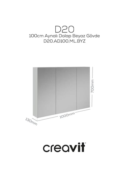 Creavit D20 100 Cm Beyaz Aynalı Dolap Melamin Gövde Beyaz