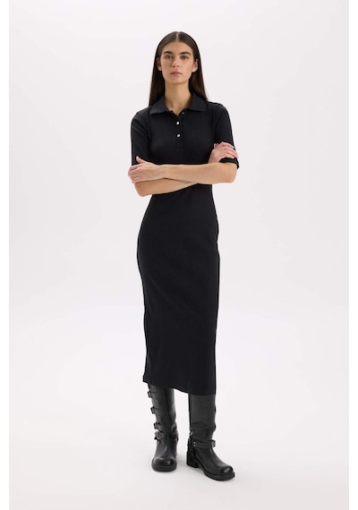 Defacto Bodycon Vücudu Saran Polo Yaka Fitilli Kaşkorse Kısa Kollu Midi Elbise D8296ax25spbk81 Siyah