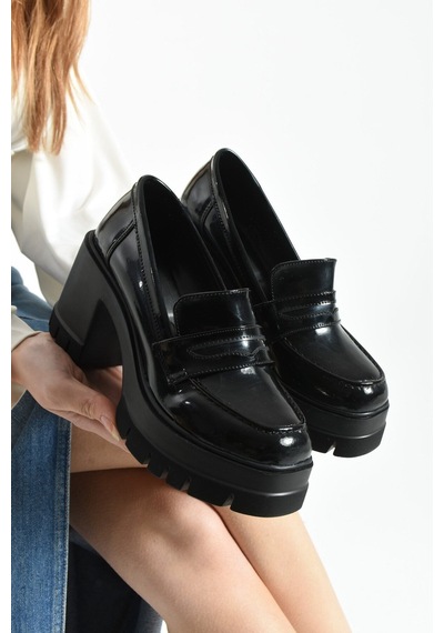 Dabab Shoes Loftıa Kadın Siyah Rugan Chunky Topuklu Loafer