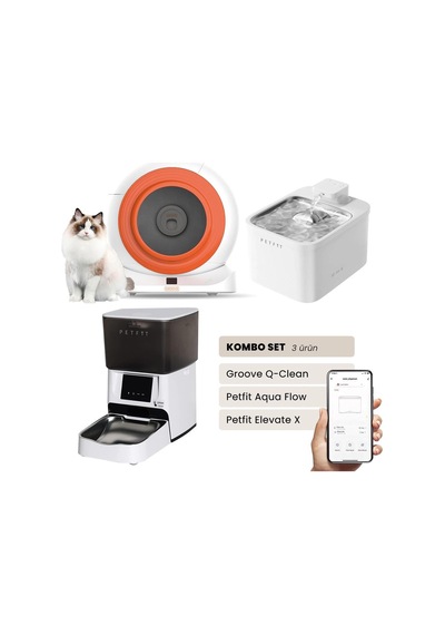 Groove Q-clean Akıllı Otomatik Kedi Tuvaleti Turuncu - Petfit Aqua Flow Akıllı Bataryalı Su Pınarı Çeşmesi + Petfit Elevate X Akıllı Otomatik Mama Kabı Bundle