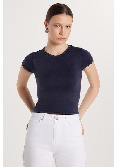Tudors Kadın Slim Fit Dar Kesim Düz Basic Bisiklet Yaka Lacivert Tişört-33680 Lacivert