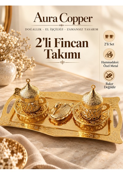 Osmanlı Motifli Türk Kahvesi Fincan Takımı Kapaklı Tepsili Özel Metal Sunum Seti Ac-ft-003/2'li Altın Renk