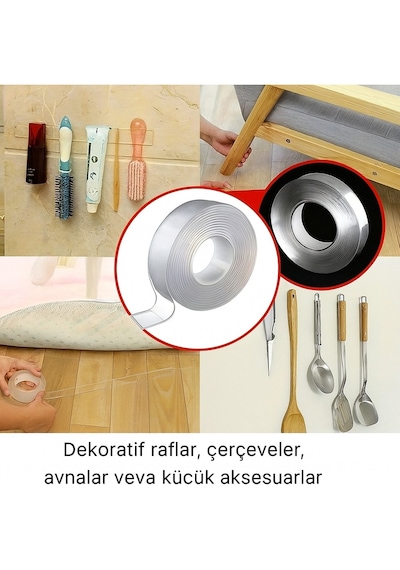 Şeffaf Çift Taraflı Nano Bant 2 Metre 18mm İz Bırakmaz, Süper Güçlü Yapışkan, Çok Amaçlı Montaj Band