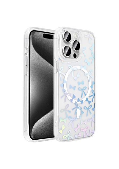 Apple Uyumlu iPad iPhone 15 Pro Max Kılıf M-safe Şarj Özellikli Şeffaf Zore Folk Sert Kapak Fiyonk