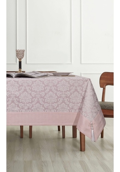 Pamuklu Damask Desen Pudra Pembe Renk Lüks Masa Örtüsü 160x220 Cm
