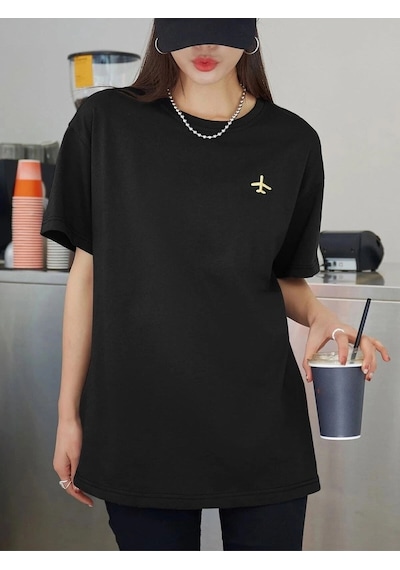Startmore Kadın Siyah Airplane Baskılı Oversize T-shirt Siyah