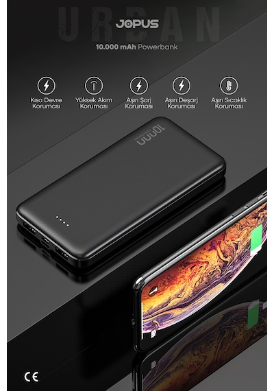 Jopus 10000mah Powerbank - Led Işık Göstergeli - Taşınabilir Şarj Cihazı Siyah