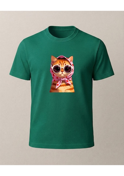 Başörtülü Sarı Kedi -sarman- Baskılı T-shirt Yeşil
