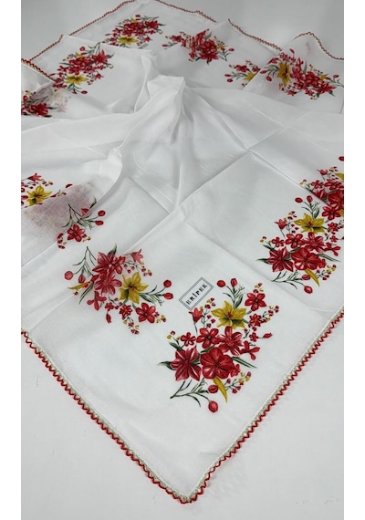 Eripek Oyalı Organik Pamuklu Yazma 0606131 Beyaz-kırmızı