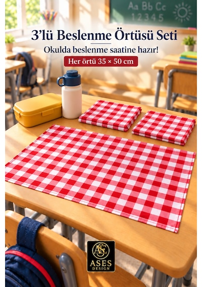 3 Lü Set Yıkanabilir Beslenme Örtüsü 35x50 Cm Kırmızı Beyaz Kareli - Anaokulu Ve İlkokul